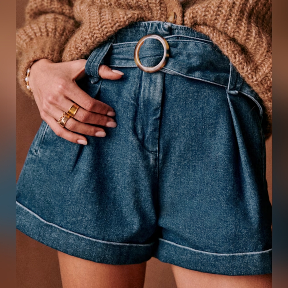Sezane Denim Blue High-Waist Belted Shorts sz 6